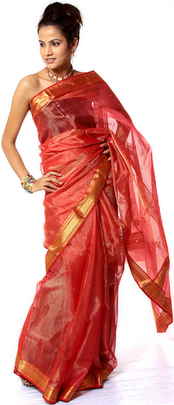 Vermilion-Red Tissue Chanderi Sari with Golden Thread Weave