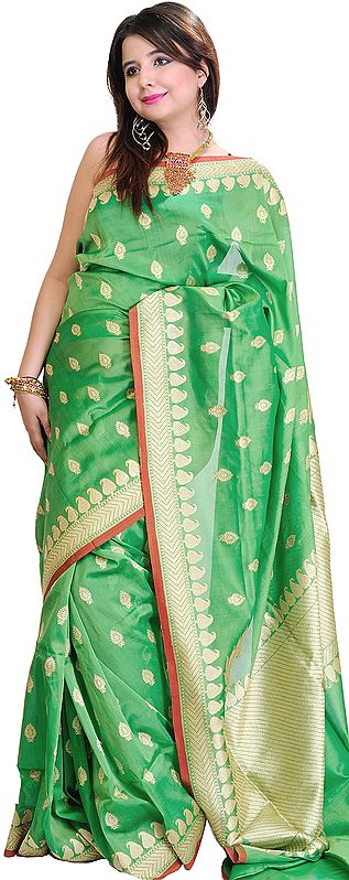 Vibrant-Green Banarasi Sari with Woven Booties and Brocaded Pallu