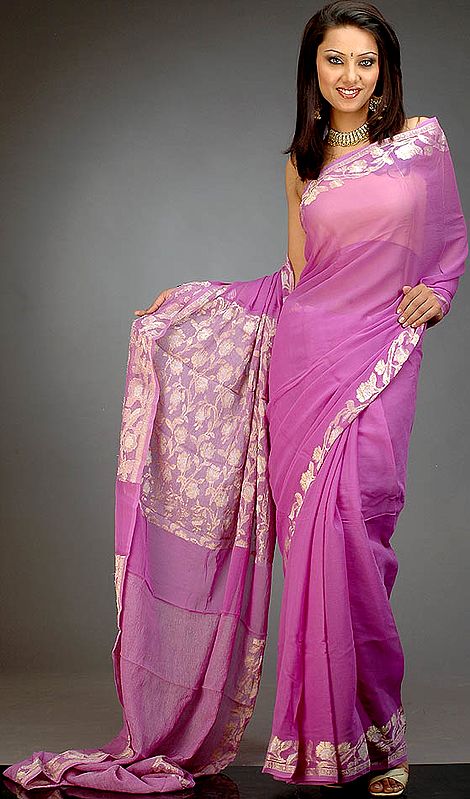 Violet Chiffon Sari from Banaras with Golden Thread-Weave