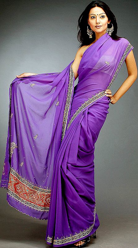 Violet Georgette Sari with Colored Beads and Gota Border