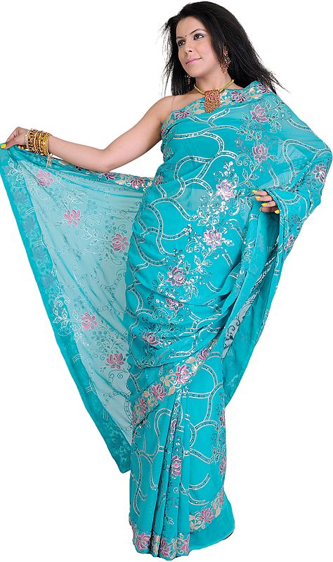 Viridian-Green Sari with Embroidered Sequins and Lotuses