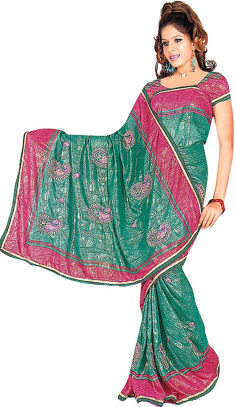 Viridis Green Shimmering Sari with Printed Paisleys and Embroidered Bootis