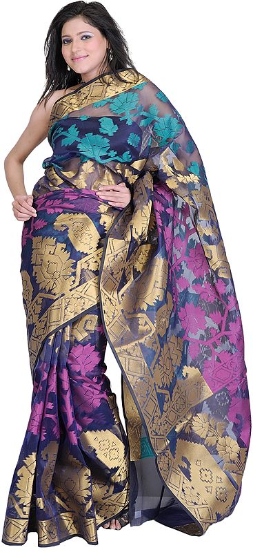 Vivid Viola Banarasi Sari with Giant Paisleys Woven in Zari Thread