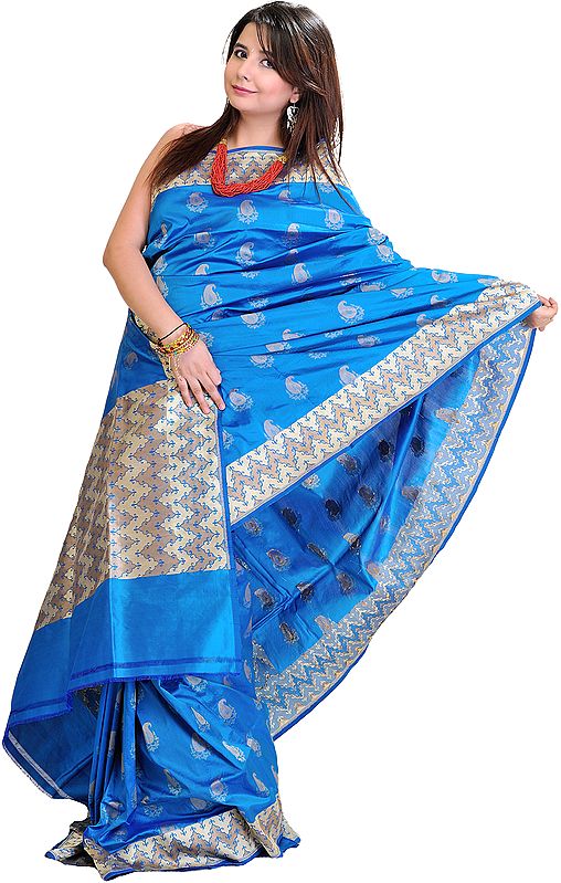Vivid-Blue Banarasi Sari with All-Over Woven Booties in Metallic Thread