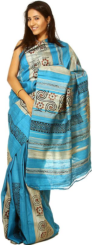 Vivid-Blue Printed Kosa Silk Sari from Jharkhand