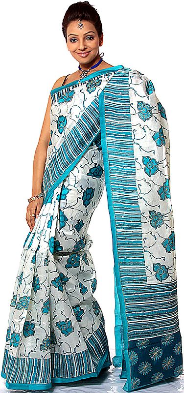 Water and Ice Floral Printed Sari from Kolkata with Sequins and Golden Threadwork