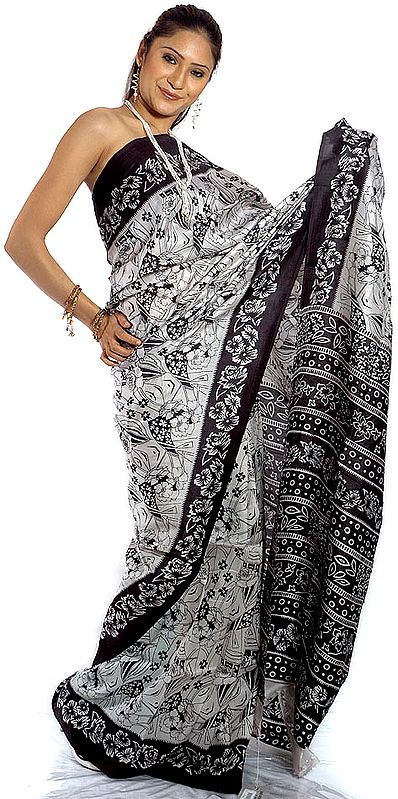 White and Black Block-Printed Sari from Kolkata