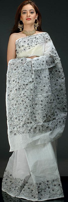 White and Black Kantha Sari