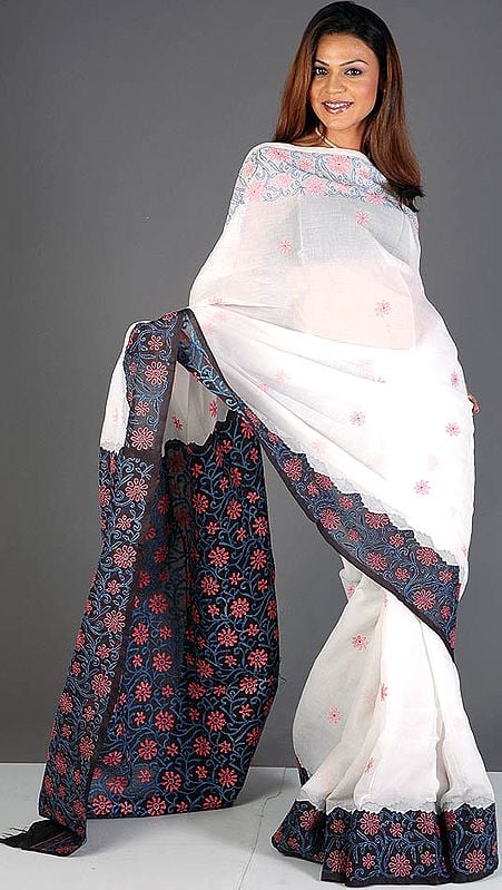 White and Black Lukhnavi Chikan Sari with Floral Embroidery