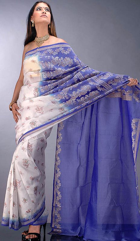 White and Blue Georgette Sari with Block Print