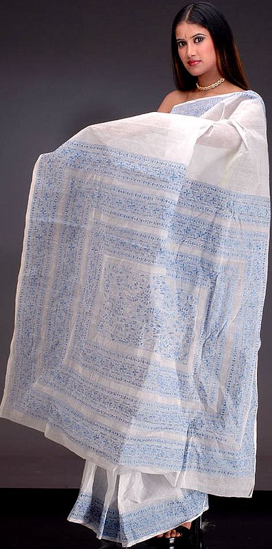 White and Blue Kantha Sari