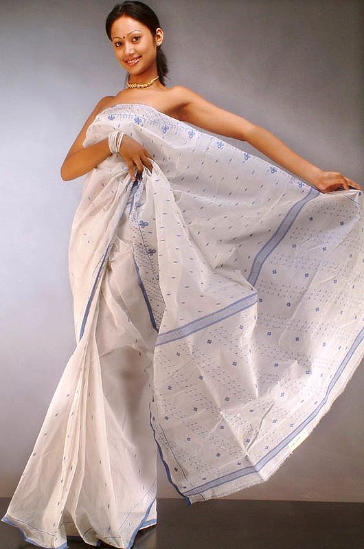White and Blue Tengail Sari