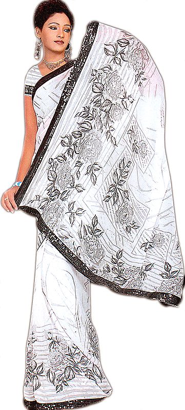 White and Gray Sari with Printed Floral Leaves All-Over and Patch Sequined Border