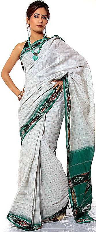 White and Green Ikat Sari from Pochampally with Woven Checks