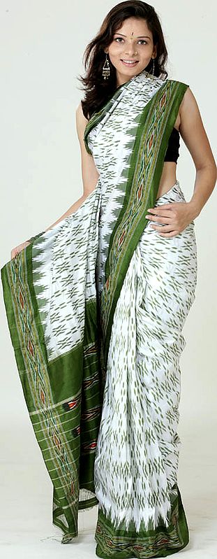 White and Green Ikat Sari Hand-Woven in Pochampally