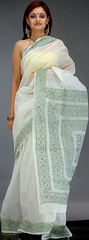 White and Green Kantha Sari