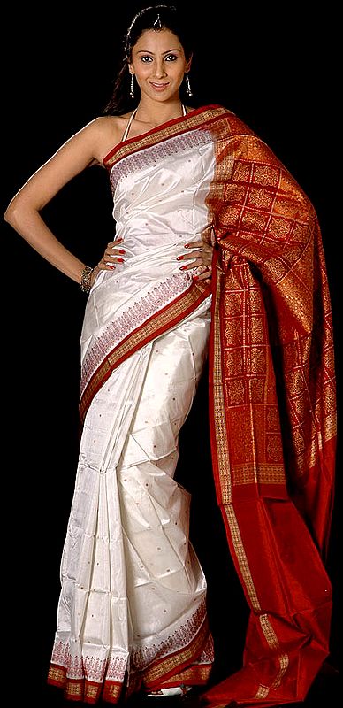 White and Maroon Bomkai Sari with All-Over Bootis Hand-Woven in Orissa