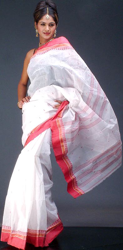White and Pink Tengail Sari with Golden Thread Weave