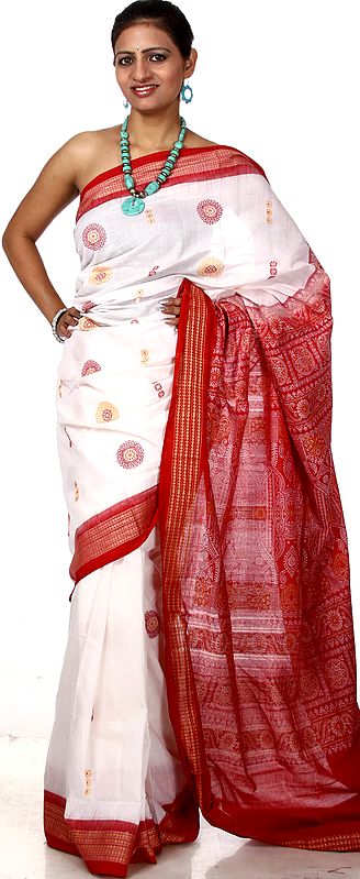 White and Red Bomkai Sari from Orissa with Temple Border and Floral Bootis