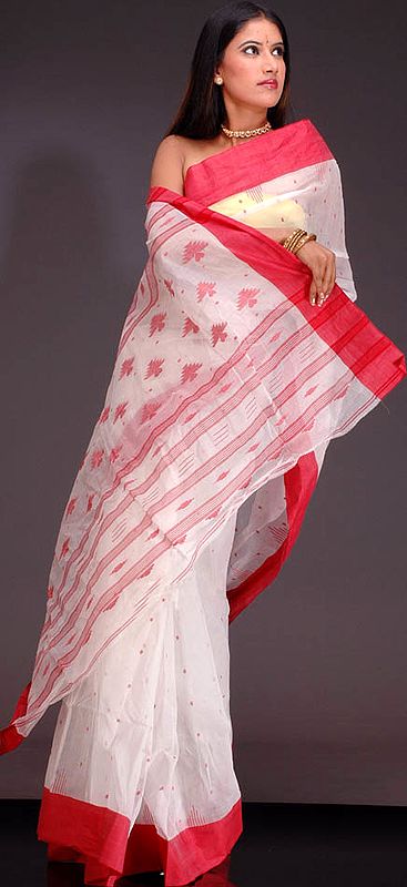 White and Red Dhakai Sari