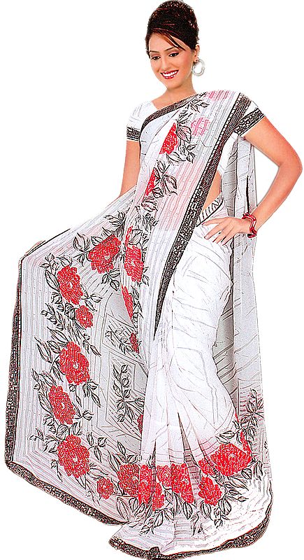White Floral Printed Sari with Mokaish Work