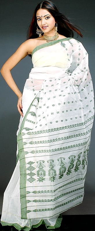 White Handwoven Sari from Bengal with Green Threadwork