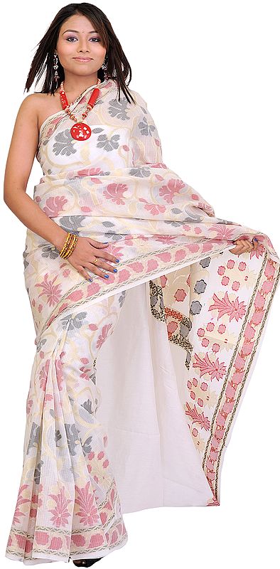 White Sari from Banaras with Floral Weave in Red and Black Thread