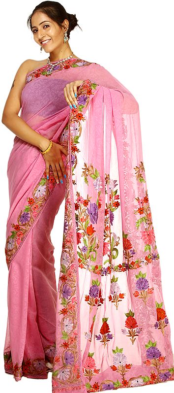 Wild-Orchid Sari from Kashmir with Self Weave and Aari-Embroidered Flowers All-Over
