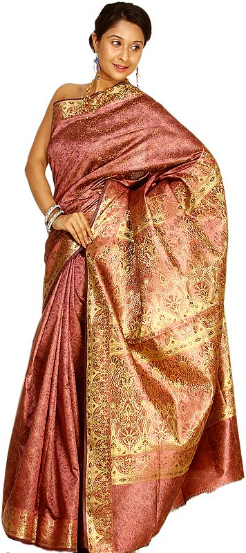 Wild-Rose Banarasi Sari with Tanchoi Weave and Brocaded Aanchal