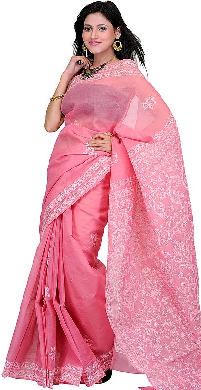 Wild-Rose Sari with Lukhnavi Chikan Embroidery by Hand