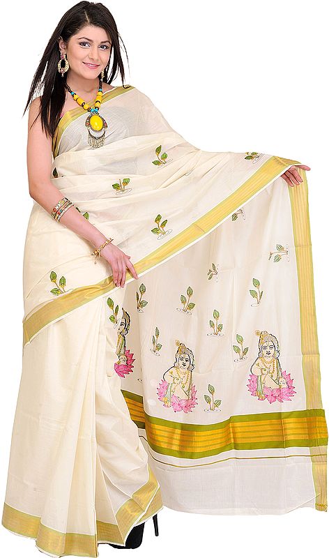 Winter-White Sari with Golden Border and Embroidered Baby Krishna
