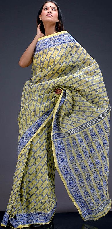 Yellow and Blue Jaal Sari with Dhakai Weave