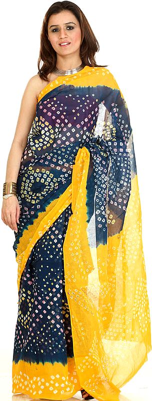 Yellow and Cerelean Shaded Bandhani Sari from Gujarat