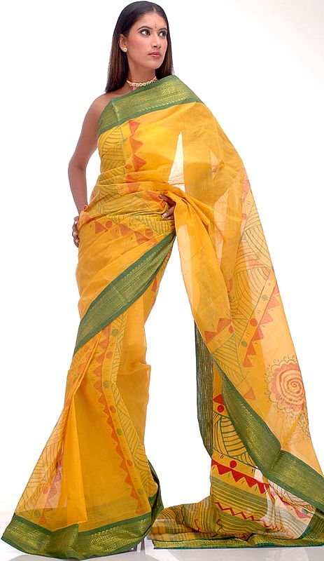 Yellow and Green Hand-Painted Sari from Bengal