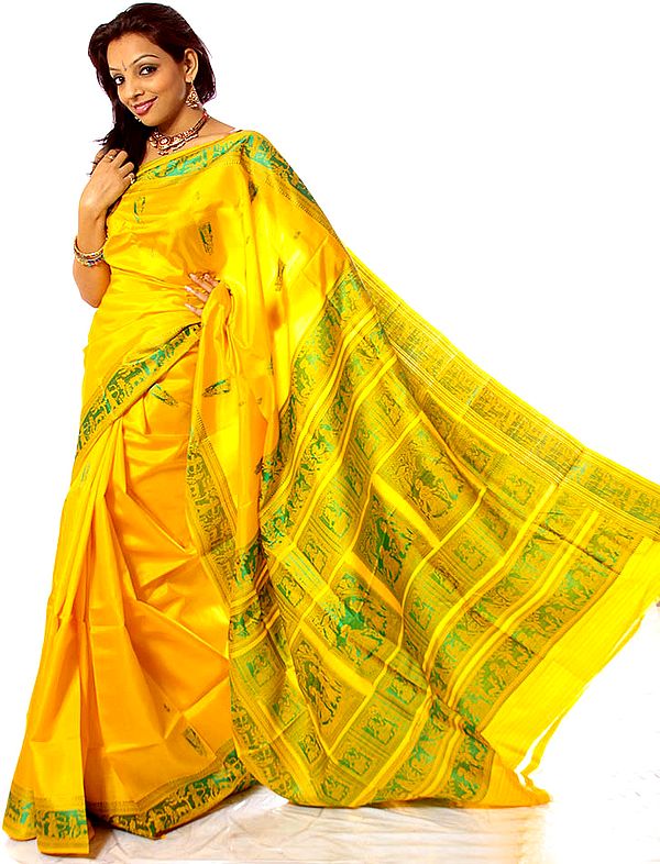 Yellow and Green Radha Krishna Baluchari Sari from Kolkata