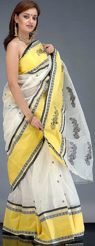 Yellow and Ivory Handwoven Tangail Sari with Black Bootis