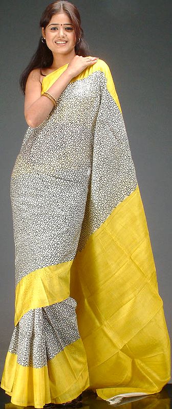 Yellow and Ivory Printed Silk Sari