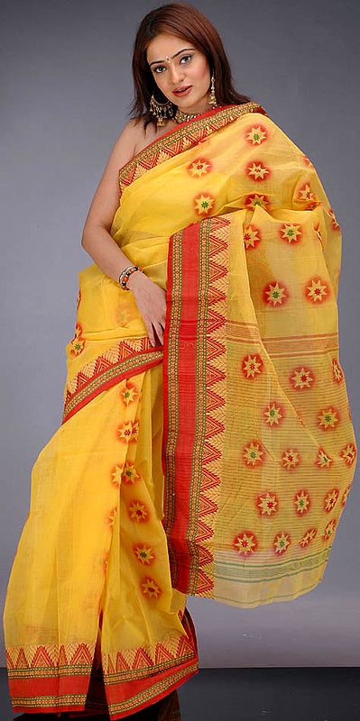 Yellow and Red Hand-Painted Sari from Bengal