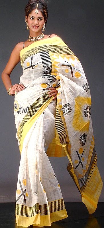 Yellow and White Printed Cotton Sari