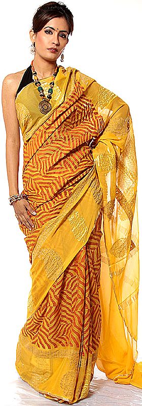 Yellow Banarasi Designer Sari with All-Over Weave in Brown and Golden Paisleys on Border