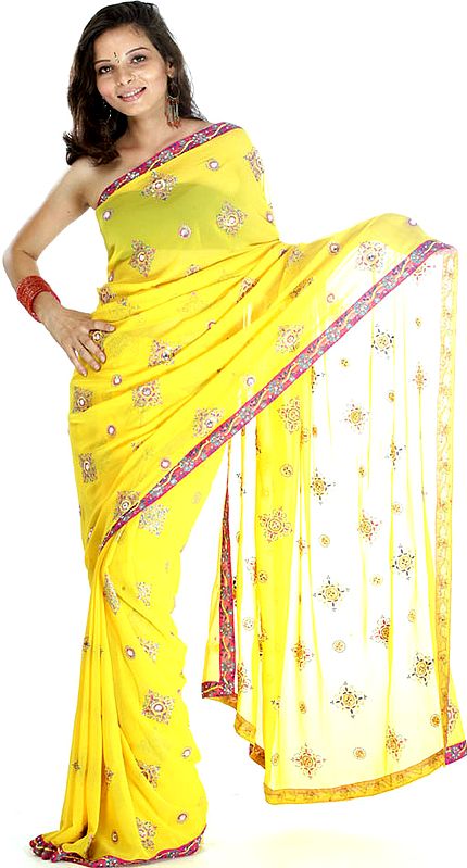 Yellow Designer Sari with Crystals and Painted Bootis