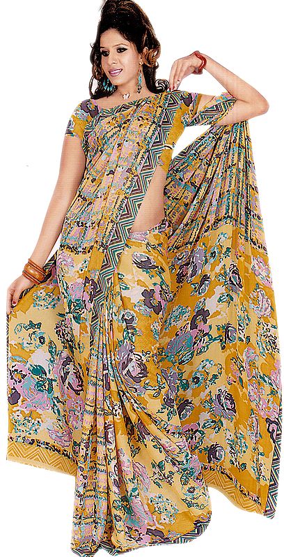 Yellow Designer Sari with Modern Print and Embroidered Sequins