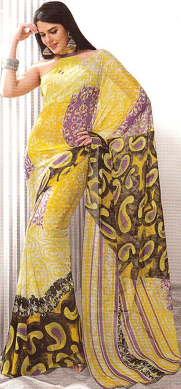 Yellow Designer Sari with Modern Print and Paisleys All-Over