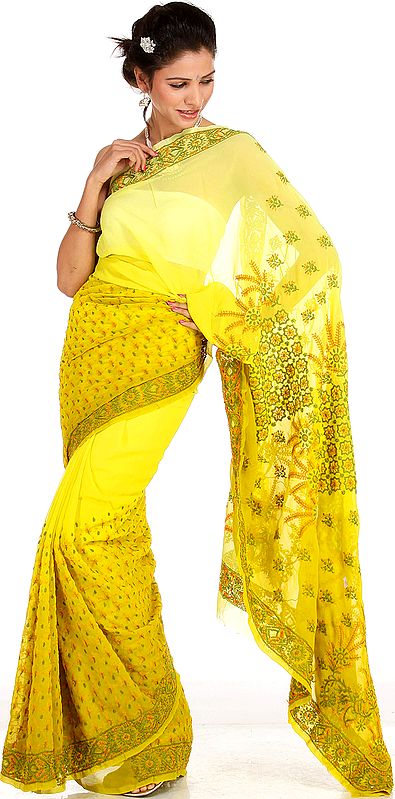 Yellow Floral Hand-Embroidered Chikan Sari from Lucknow