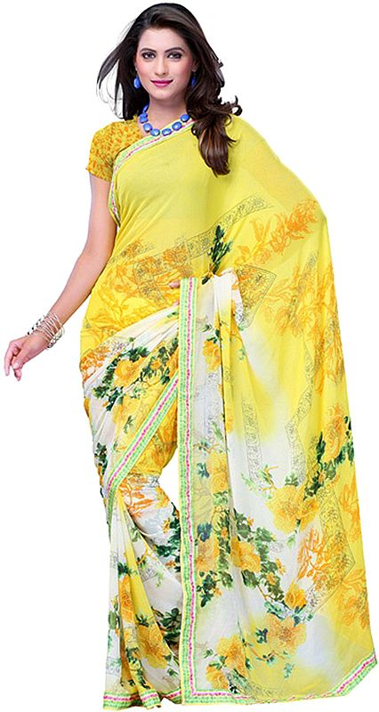 Yellow Floral Printed Sari from Surat