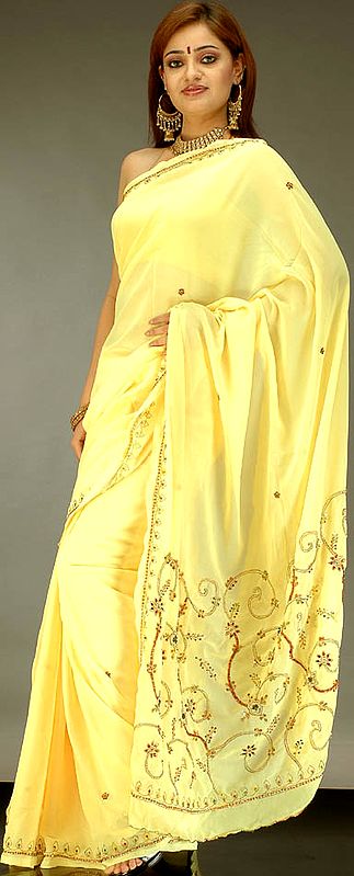 Yellow Georgette Sari with Beadwork