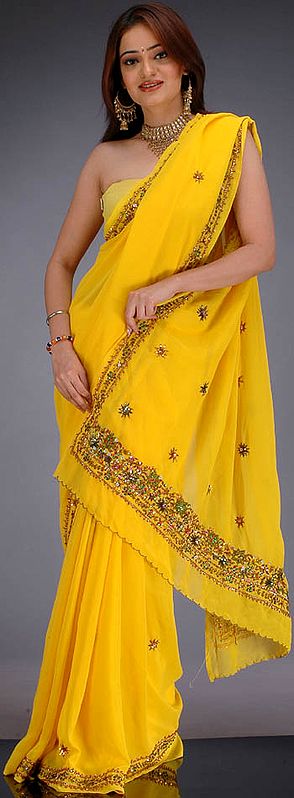 Yellow Georgette Sari with Sequins