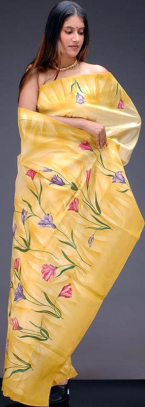 Yellow Hand-Painted Floral Sari