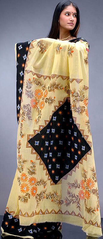 Yellow Hand-Painted Sari from Bengal