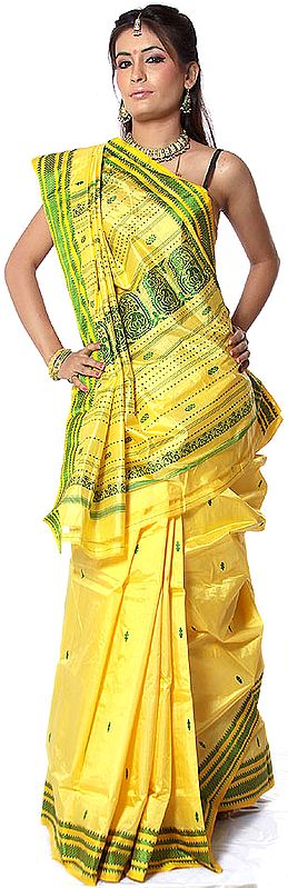 Yellow Hand-woven Garad Sari from Bengal with Baluchari Weave on Anchal